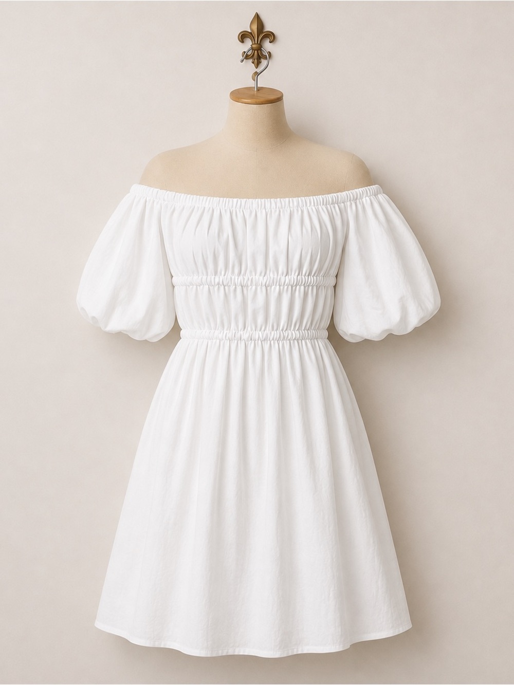 Shabby boho chic bohemian Off-Shoulder White Puff-Sleeve Dress M/L